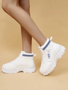 秋冬厚底增高靴時尚休閒白色女運動鞋百搭短靴及踝靴 - 白色 - 查看 3