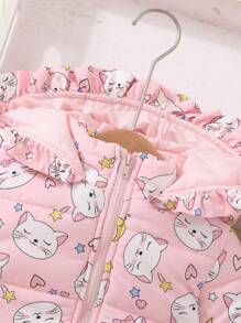 SHEIN Baby Girl Cartoon Graphic Ruffle Trim Hooded Coat - Pink - View 8