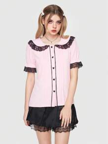 ROMWE Kawaii 女性蕾絲邊裝飾的粉紅色鈕扣前衣服 - 粉色 - 查看 3