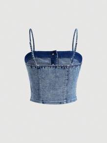 SHEIN MOD Women'S Denim Button-Up Cami Top With Double Pockets - Light Wash - View 2