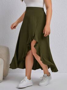 SHEIN LUNE Plus Ruffle Trim Split Thigh Skirt - Army Green - View 6