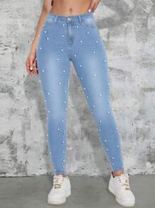 Pantalones sexys ajustados decorados con remaches de perlas - Lavado ligero - Ver 1