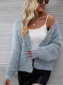 SHEIN Essnce Dệt kim Marled Thả vai Áo len Mở - Màu xanh lam - Xem 5