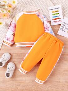 嬰兒女孩花卉印花字母繡補拼接針織外套和褲子套裝 - 橘色 - 查看 3