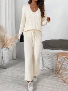 SHEIN Essnce Women's V-neck Drop Shoulder Sweater 2pcs/set - Apricot - View 6