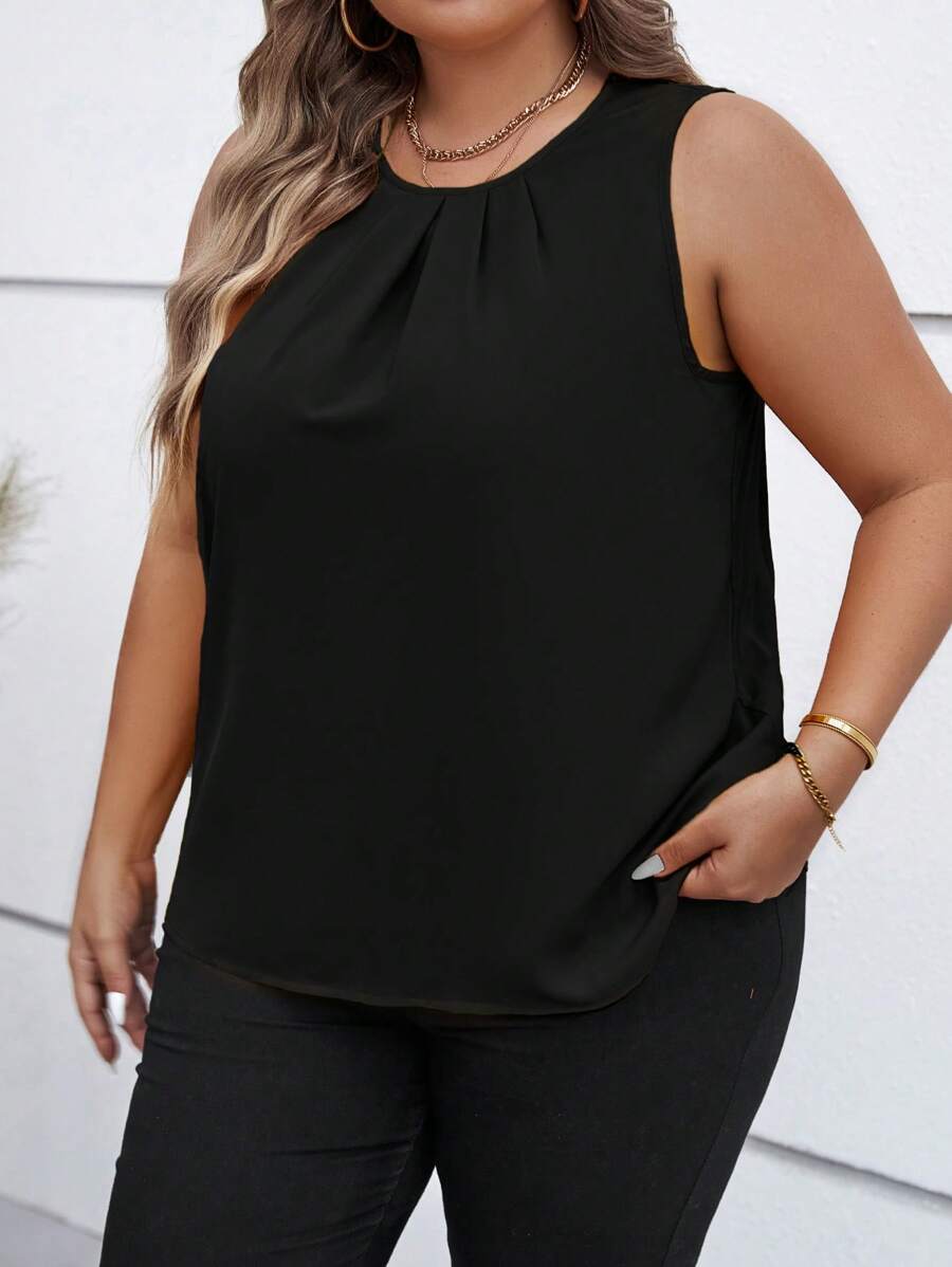 SHEIN Clasi Plus Solid Sleeveless Blouse - Black - View 1