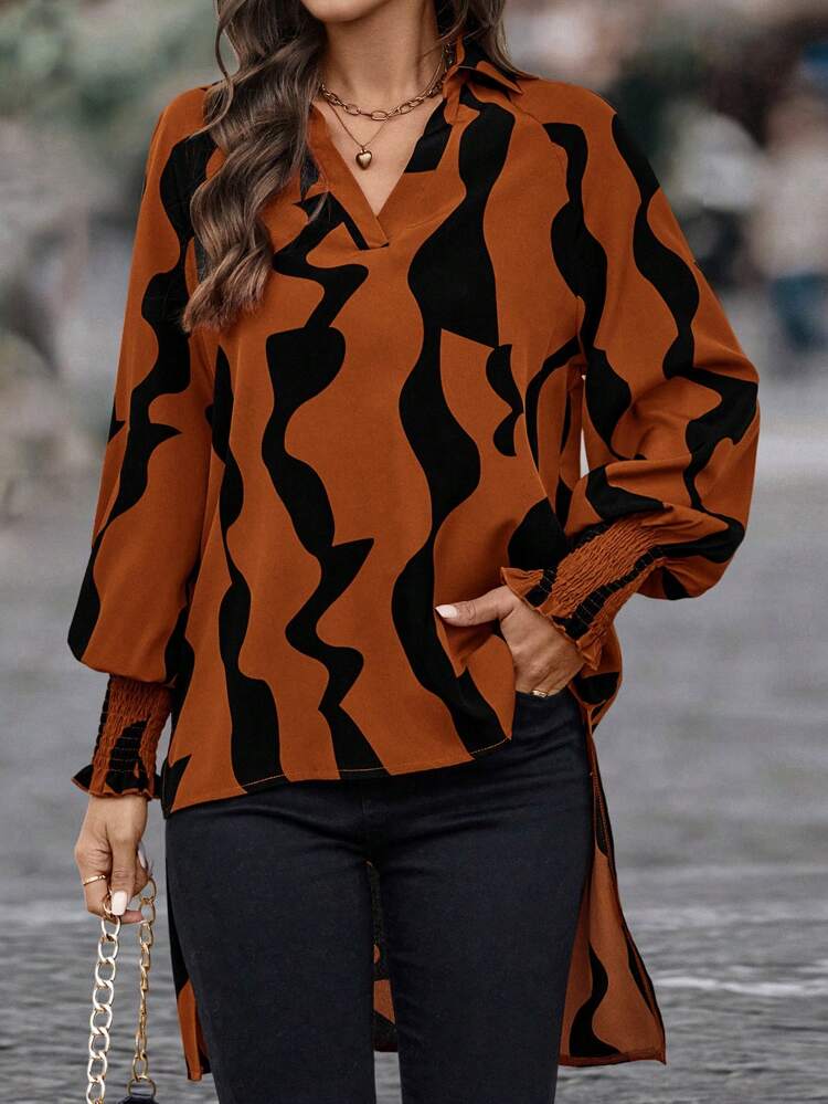 Allover Print Flounce Sleeve High Low Hem Blouse Fall Cloth For Women