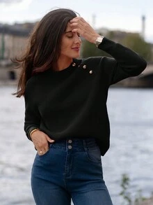 SHEIN Frenchy Button Detail Raglan Sleeve Sweater - Black - View 4