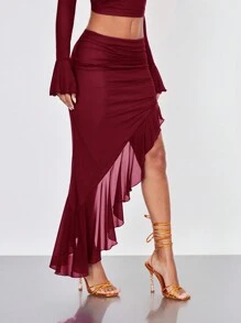 SHEIN BAE Ruched Asymmetrical Ruffle Hem Skirt - Burgundy - View 4