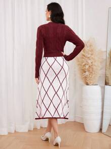 Modelyn Pearl, Beaded, Rhinestone Detail Cable Knitted Sweater Dress In Check Pattern - Red and White - View 2