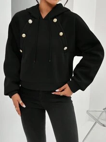 SHEIN Privé Women's Button & Drawstring Design Hoodie - Black - View 5