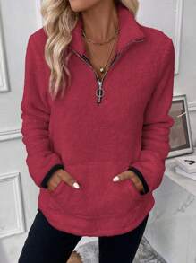 SHEIN LUNE Solid Color Kangaroo Pocket Zipper Half Open Plush Sweatshirt - Burgundy - View 3