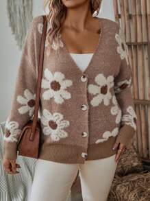 SHEIN LUNE 大碼花卉圖案鈕扣開襟衫 - 彩色 - 查看 1