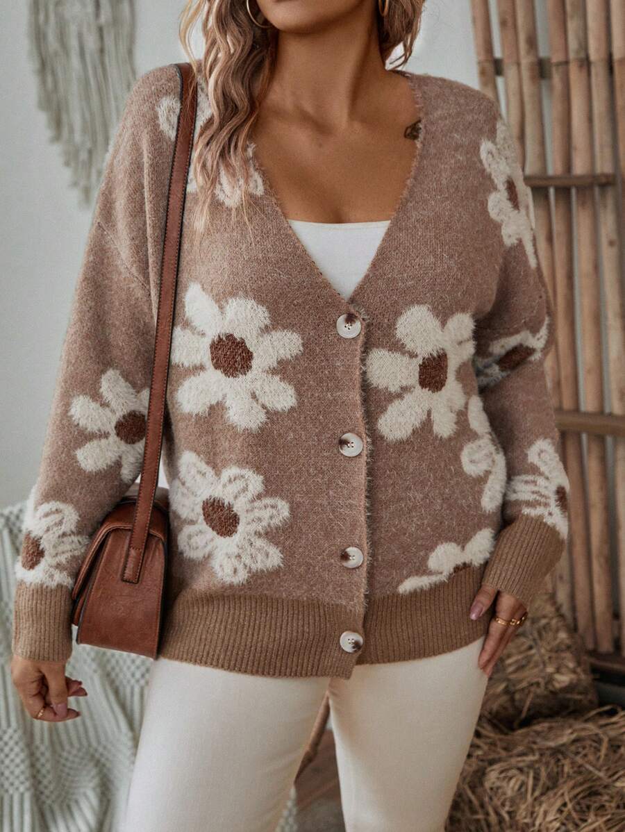 SHEIN LUNE 大碼花卉圖案鈕扣開襟衫 - 彩色 - 查看 1