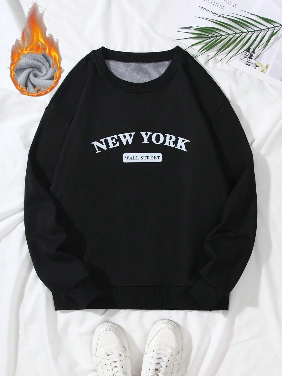 SHEIN Unity Áo nỉ cổ tròn lót nhiệt dày dặn in chữ cho nữ - màu đen - Xem 1