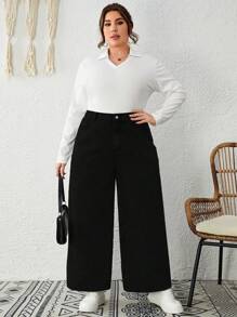 EMERY ROSE Plus Size Women's Elastic-Free Wide Leg Boyfriend Jeans - Black - View 3
