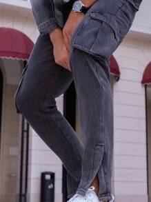 Manfinity Homme Loose Fit Men's Casual Cargo Pocket Jeans - Black - View 5