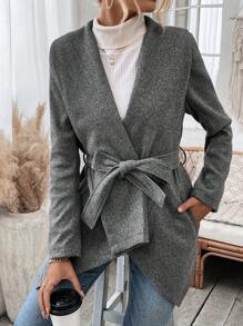 Chiquease Cổ áo thác nước Viền không đối xứng Thắt lưng Áo khoác - Xám - Xem 6