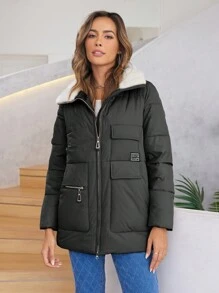 HaiLuoZi 女式字母印花贴袋休闲长袖连帽棉服外套 - 黑色 - 查看 1