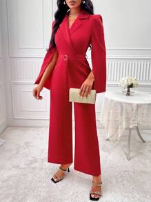 Lapel Neck Split Sleeve Belted Jumpsuit - Red - View 6