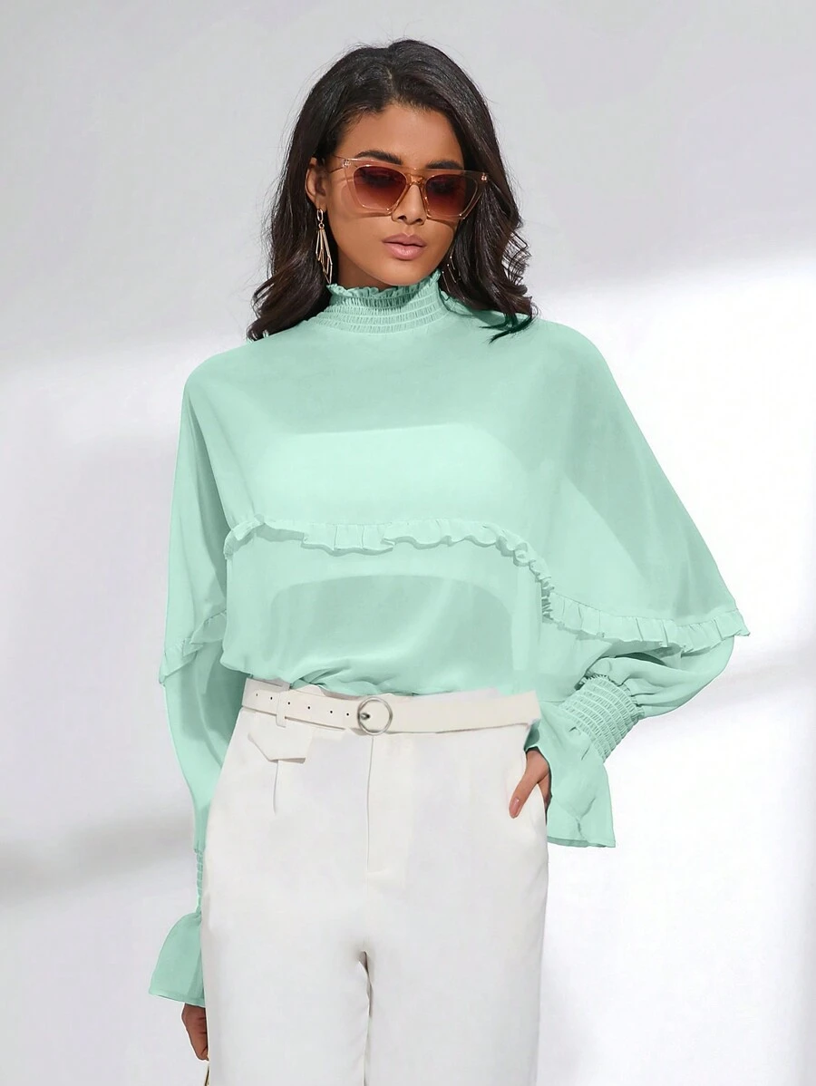 GENKIRA Chemise Pour Femmes Col Montant À Manches Chauve-souris - Vert - Voir 1