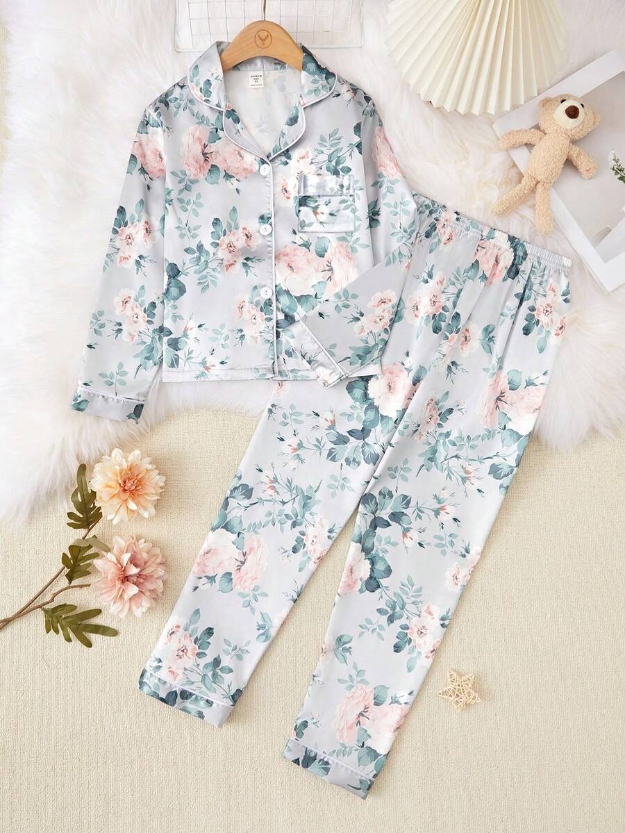 SHEIN Cô gái Hoa In Trang phục mặc nhà Bộ - Màu xanh nhạt - Xem 1