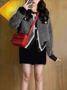 休闲格纹纽扣开衫，秋冬款 - 黑色 - 查看 4