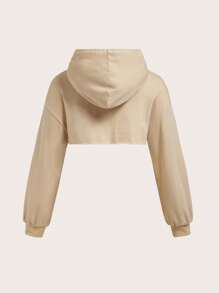 SHEIN EZwear 加大码落肩抽绳超短款卫衣 - 卡其色 - 查看 2