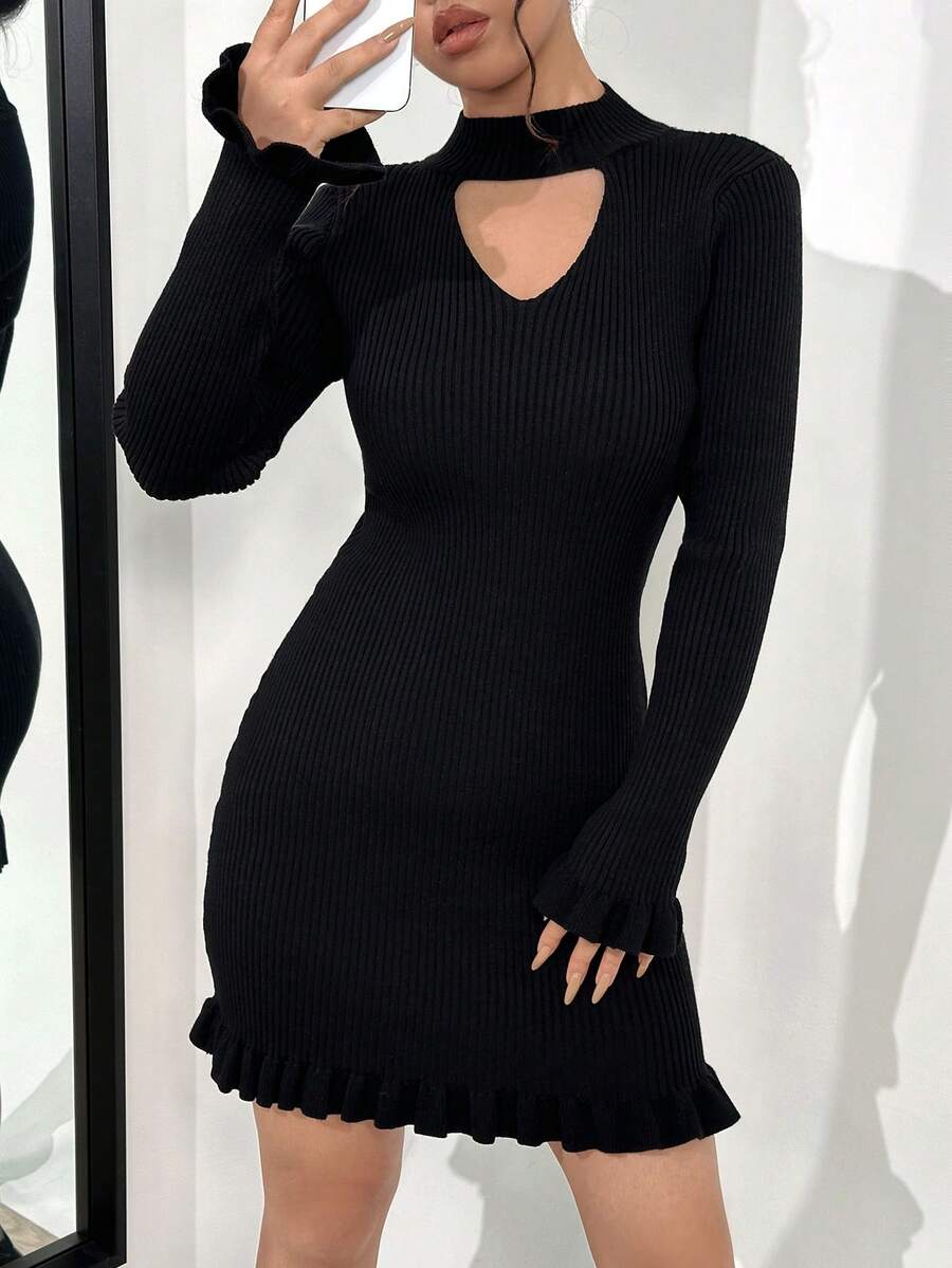 SHEIN Unity 鏤空荷葉邊毛衣洋裝 - 黑色 - 查看 1