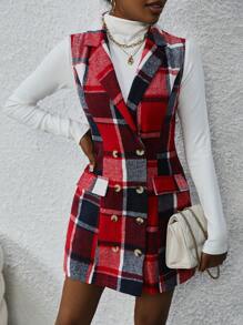 Chiquease Plaid Double-breasted Vest Suit Jacket - Red - View 4