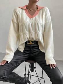 SHEIN LUNE Của phụ nữ Nối Cổ bò Xoắn Dan Thả vai Cái nĩa cao Hem Áo len - Nhiều màu - Xem 3