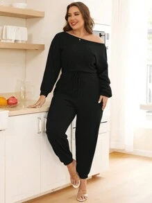 SHEIN Essnce Plus Solid Knot Waist Jumpsuit - Black - View 1