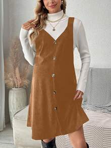 SHEIN Maternity Solid Color Button Front Design Dress - Brown - View 4