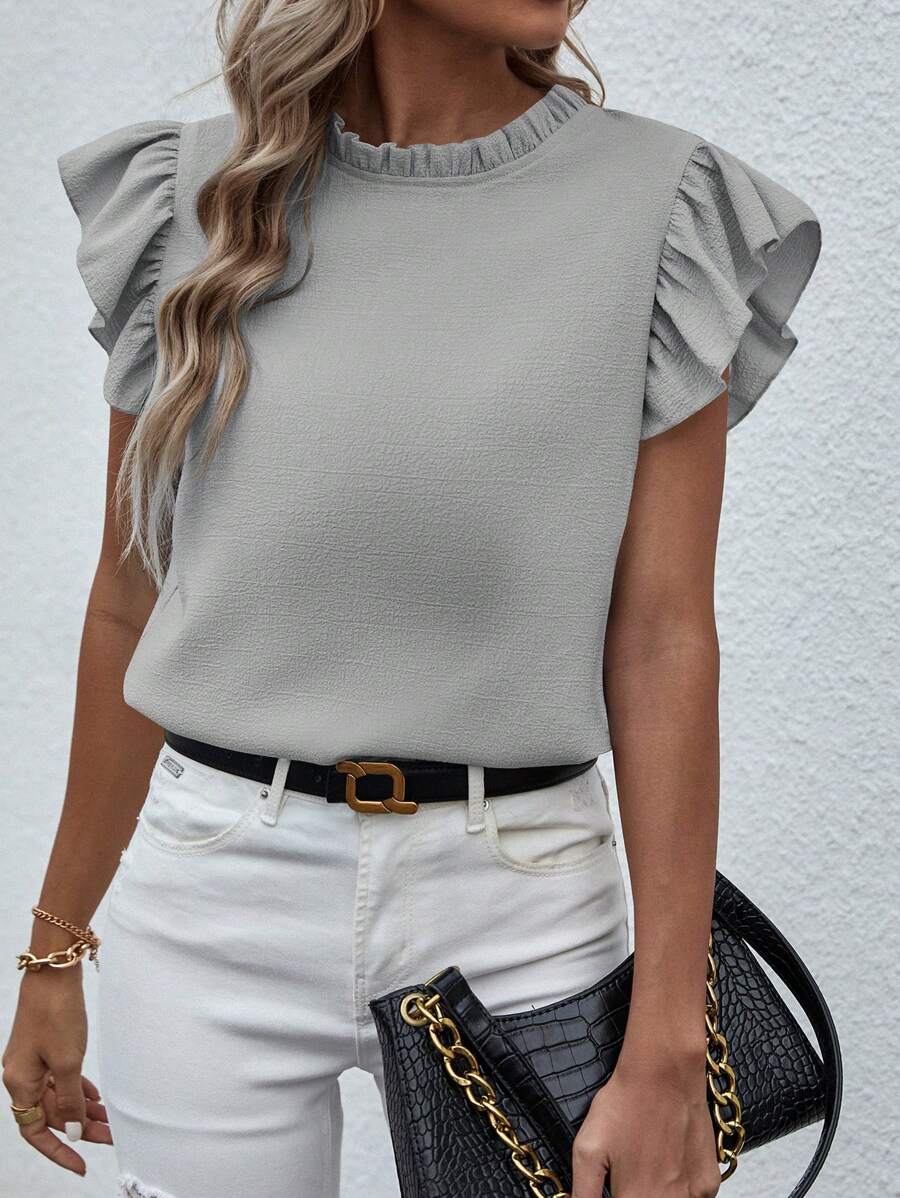 Breezaya 素色短袖襯衫配褶邊設計 - 灰色 - 查看 1