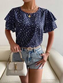 SHEIN Clasi Women's Short Sleeve Polka Dot Ruffle Shirt - Navy Blue - View 3