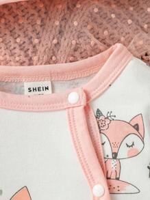 Newborn Infant Cartoon Fox Pattern Printed Jumpsuit With Bib, Hat, And Shoes Set - Multicolor - View 7