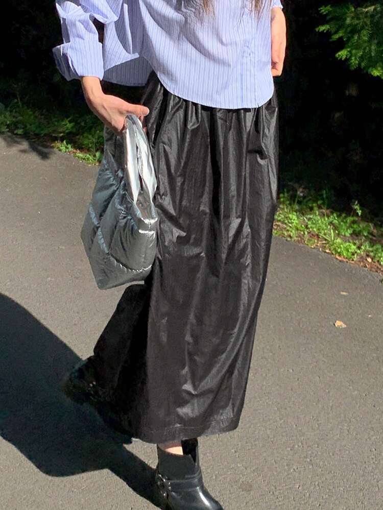 Solid Slant Pocket Elastic Waist Skirt Leather Skirt