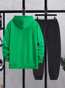 Men's Regular Fit Smiling Face Print Hoodie And Pants Set For Spring And Autumn - Green - View 2
