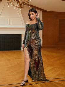 seomiscky Váy dạ hội lệch vai hai tông màu dành cho nữ - màu đen - Xem 5