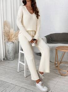 SHEIN Essnce Women's V-neck Drop Shoulder Sweater 2pcs/set - Apricot - View 1