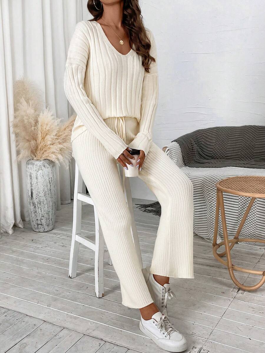 SHEIN Essnce Women's V-neck Drop Shoulder Sweater 2pcs/set - Apricot - View 1