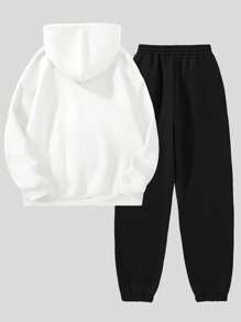 SHEIN Unity 字母印花帶帽落肩袖束口口袋運動衫和運動褲 - 彩色 - 查看 2