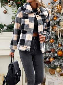 SHEIN LUNE 大方格圖案落肩袖絨毛外套 - 駝色 - 查看 3