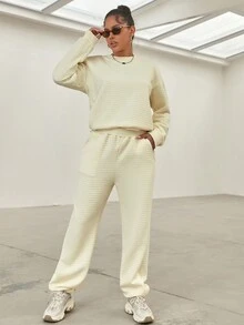 2 szt. Ulica Długi Rękaw Opuszczane ramiona & Luźny Szeroka Noga Spodnie Dresowe - Beżowy - Zobacz 4