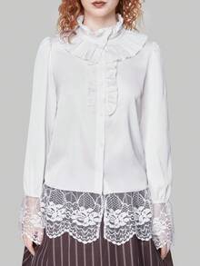 ROMWE Avant 女款純色蕾絲邊襯衫 - 白色 - 查看 4