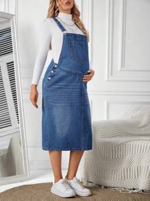 SHEIN Maternity Patched Pocket Overall Denim Dress Without Tee