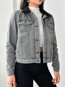 RueChic Women's Buttoned Denim Jacket - Light Grey - View 4