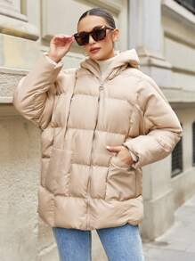 SHEIN Cottnline Chaquetas Acolchadas Con Capucha Y Doble Bolsillo Para Mujer - Beis - Ver 5