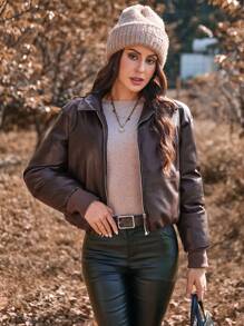 Aveloria Women's Solid Color PU Leather Zip Front Short Casual Padded Padded Coat, Winter Clothes Fall Cloth For Women - Brown - View 1