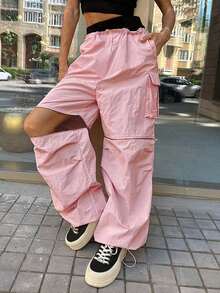 Pantalones Cargo Generales Con Cremallera De Color Rosa Para Mujer - Rosa - Ver 5